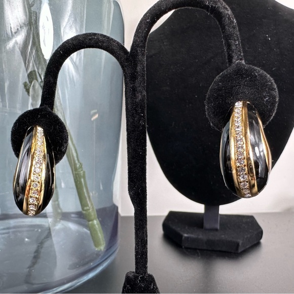 Vintage Dior earrings black enamel with crystals & gold - Picture 1 of 9